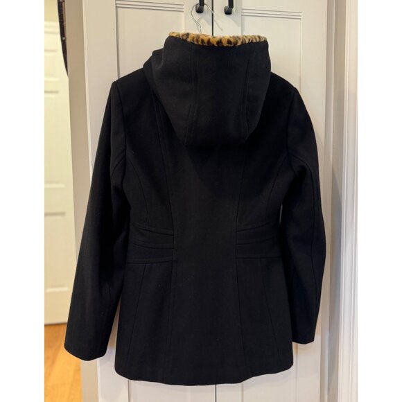 Anne Klein Black Pea Coat Leopard Print Faux Fur Hood Size Medium Winter Wool - Picture 2 of 7